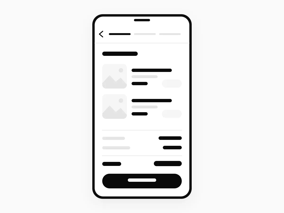 Sequenza animata del checkout su smartphone: carrello, dati di spedizione, pagamento e conferma dell'ordine